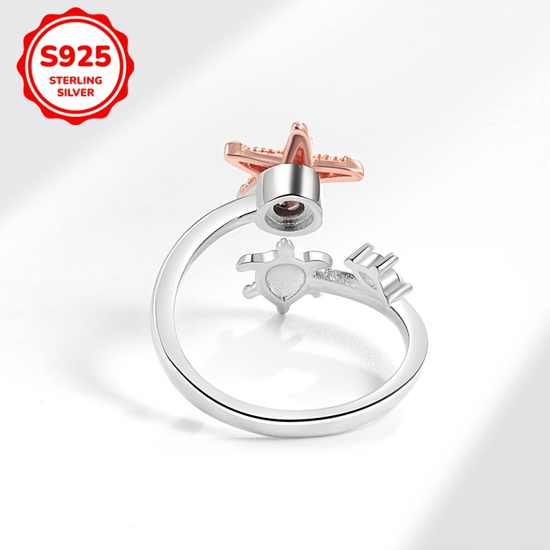 S925 Silver Turtle Star Rotating Ring Synthetic Zirconia Beach Style